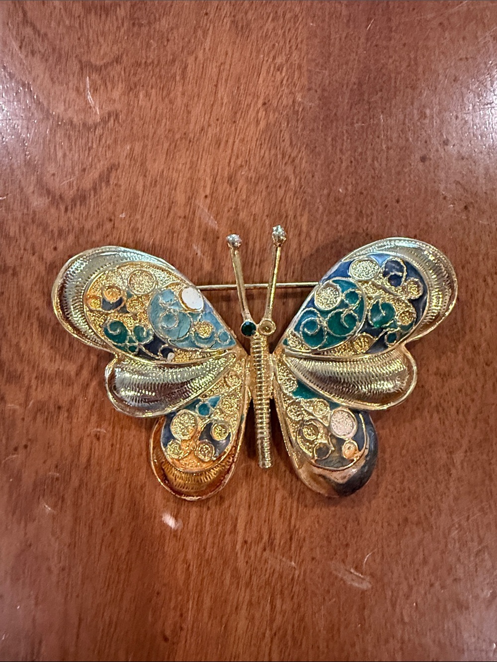 Vintage Gold-Tone Multicolor Butterfly Brooch *missing one eye stone*